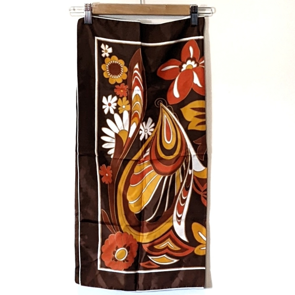 Vintage satin scarf France trippy psychedelic orange brown sz M